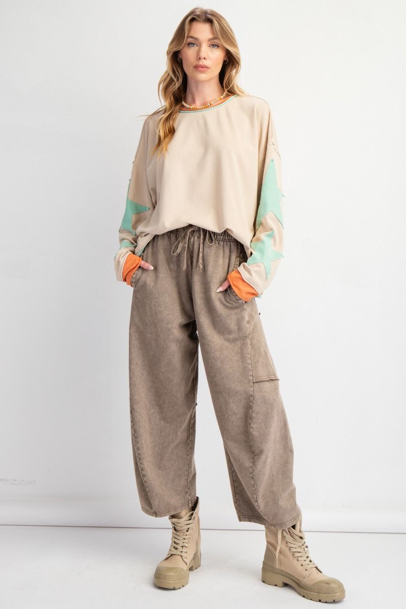 Easel Taupe Star Patch Long Sleeve Top