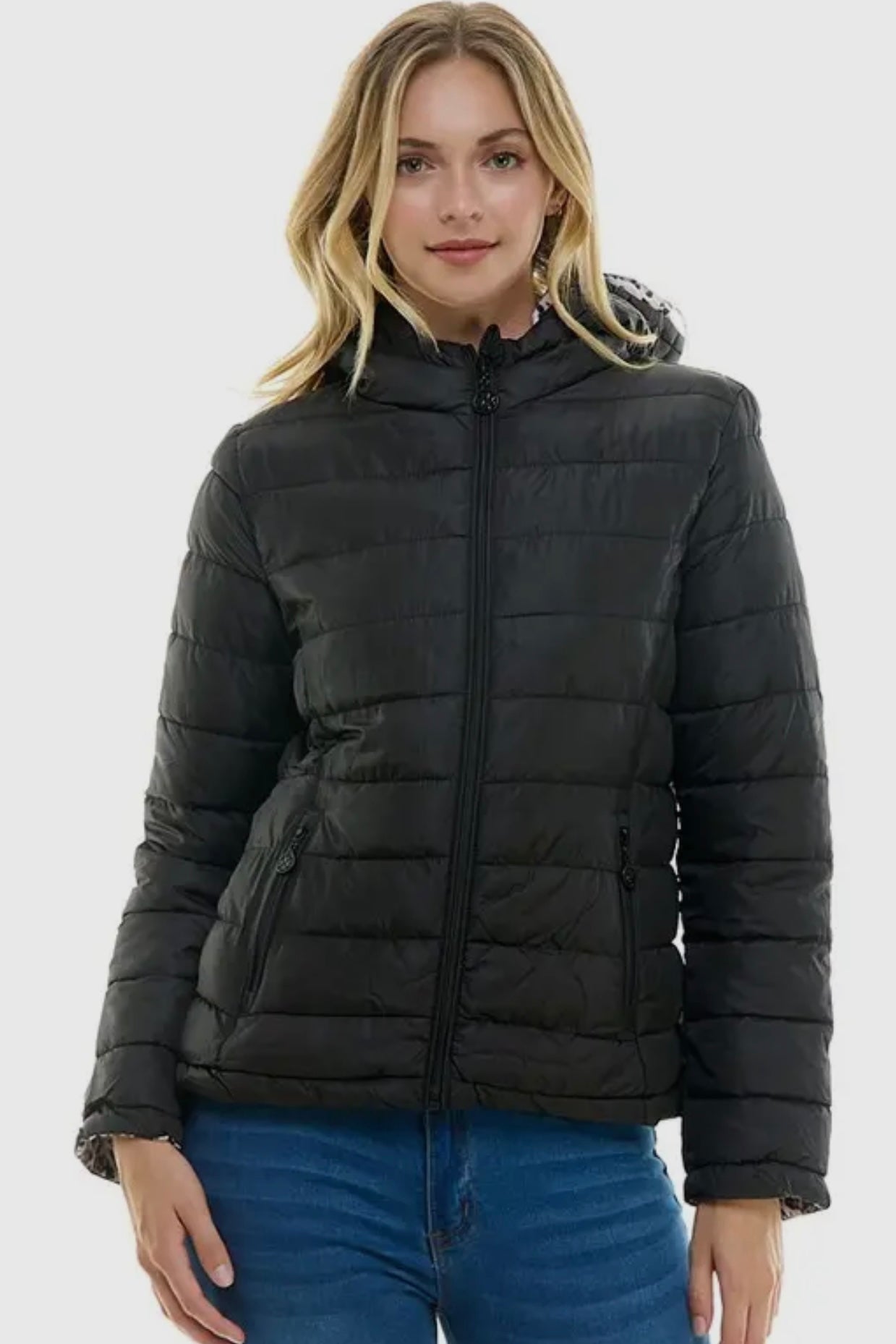 Reversible Puffer Jacket- Black with Animal Print