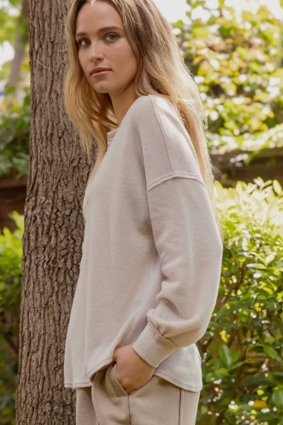 Oatmeal V Neck Long Sleeve Half Button Top with Exposed Seam Detail