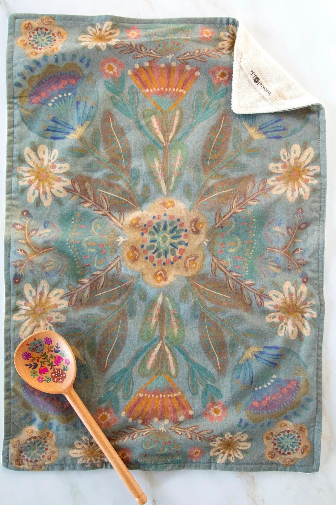 Natural Life Cotton Dish Towel- Dusty Blue Folk Flowers