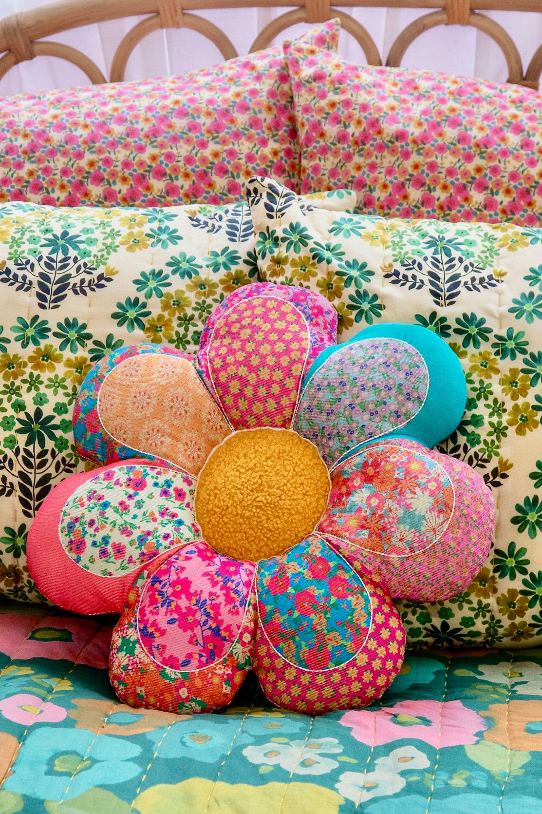 Natural Life Whimsy Patchwork Flower Pillow