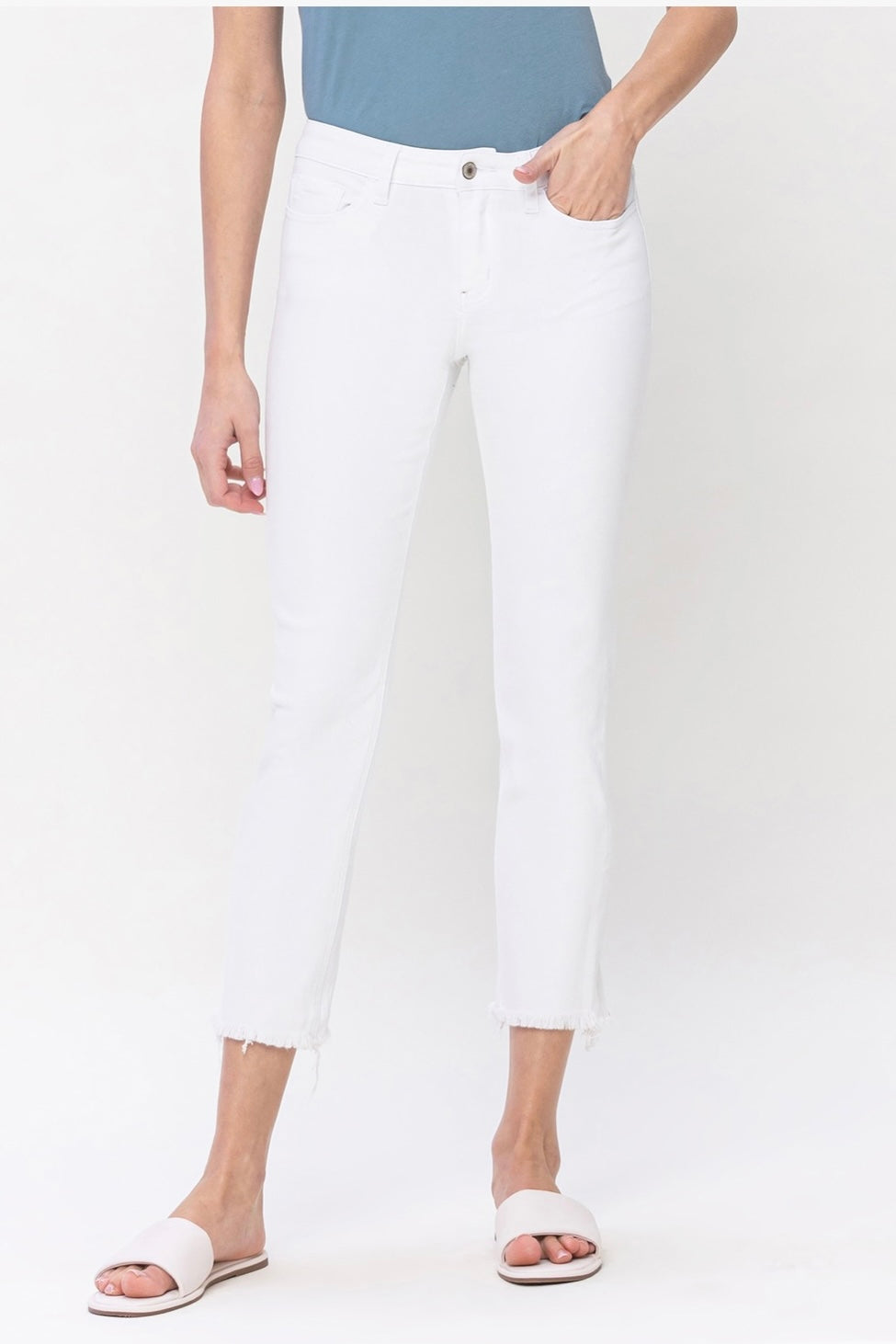 White Mid Rise Straight Stretch Jean with Frayed Hem