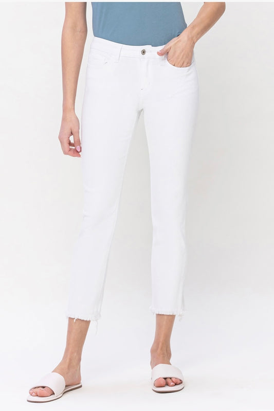 White Mid Rise Straight Stretch Jean with Frayed Hem