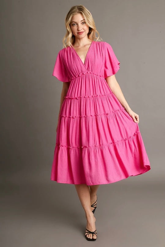 Umgee Hot Pink Tiered Midi Dress