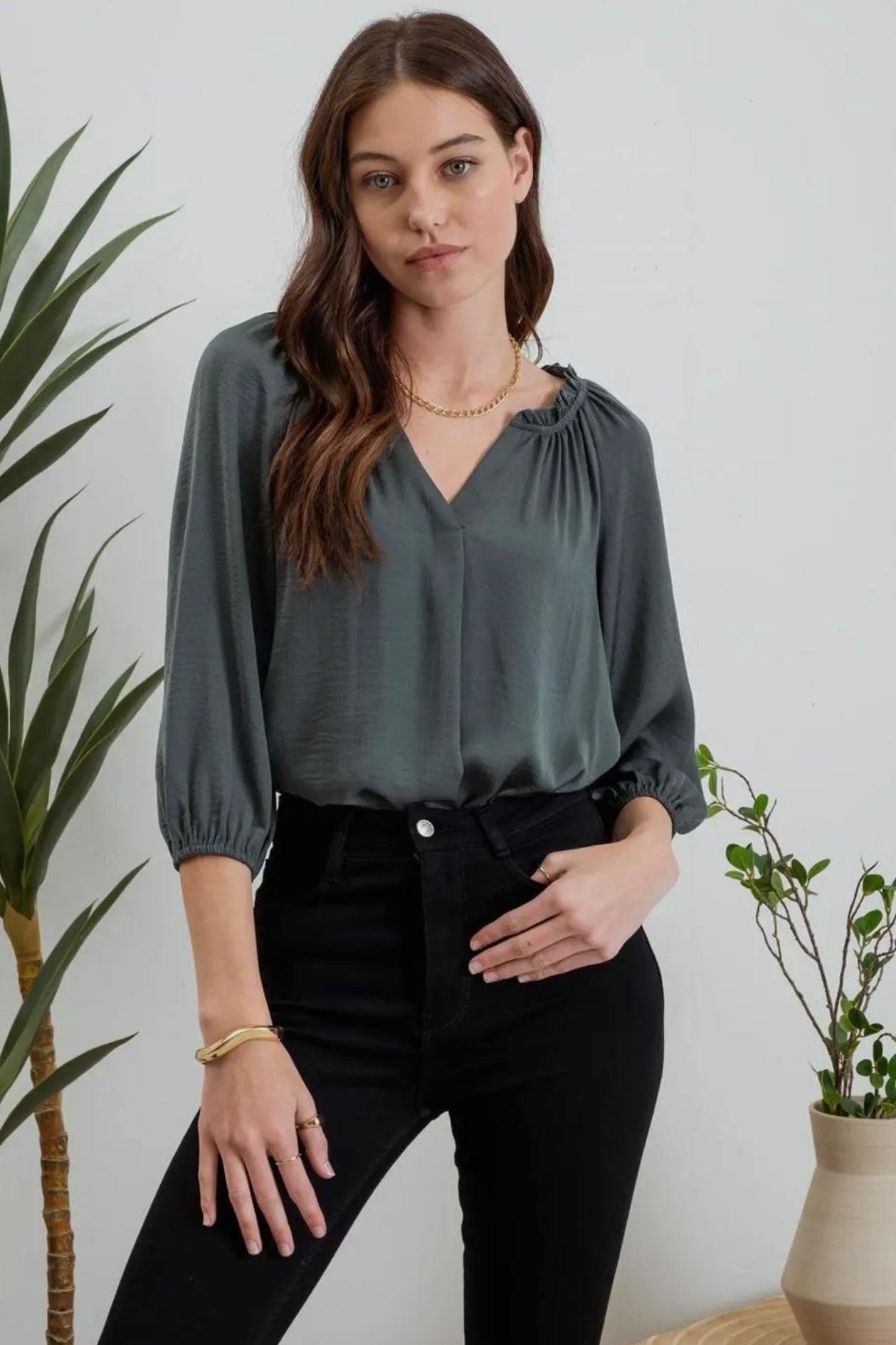 Forest Green Split Neck 3/4 Balloon Sleeve Top