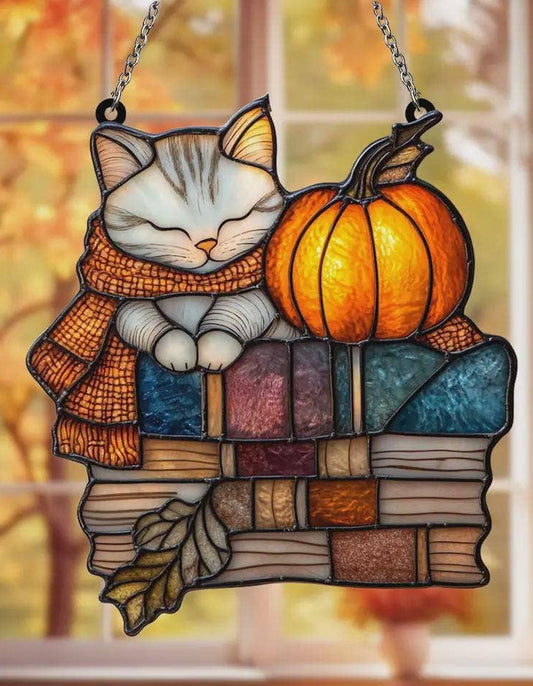Autumn Cat with Fall Pumpkin Acrylic Window Hanging: 10x10"