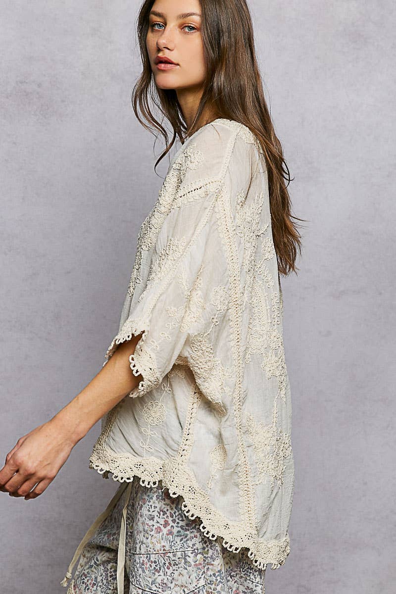 POL V-neck Short Sleeve Floral Embroidered Crochet Blouse- One Size