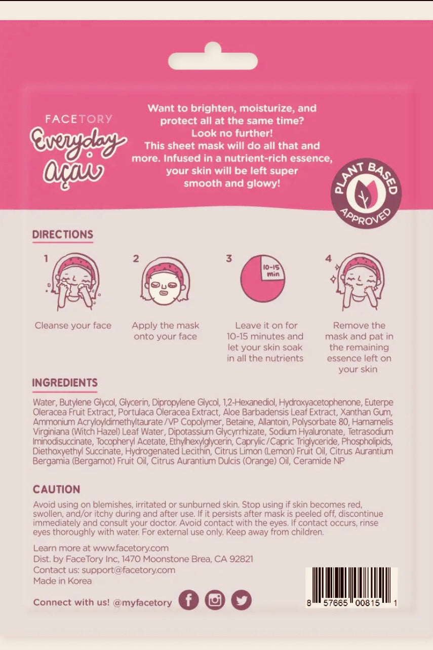 FaceTory Everyday Acai Rejuvenating Sheet Mask- Korean Beauty