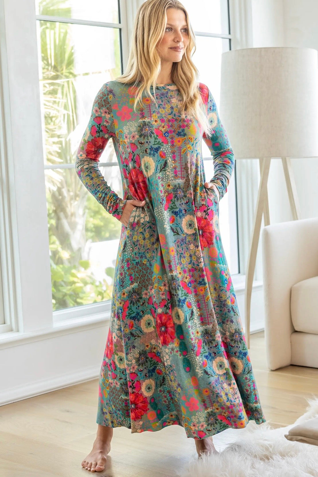 Natural Life Stevie Butter Soft Maxi Dress in Blue Garden Patchwork