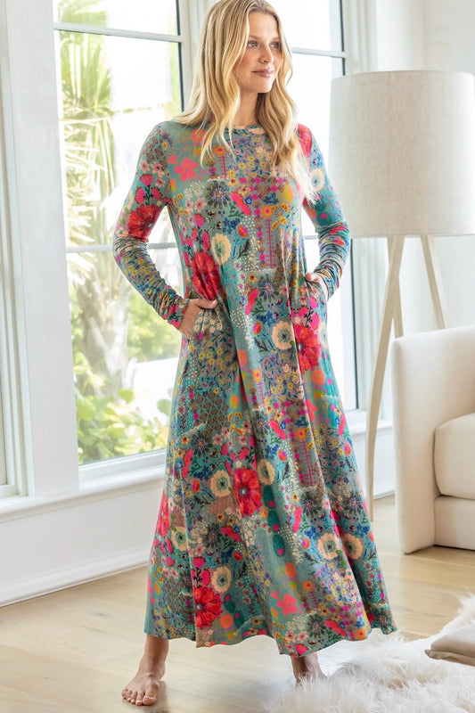 Natural Life Stevie Butter Soft Maxi Dress in Blue Garden Patchwork