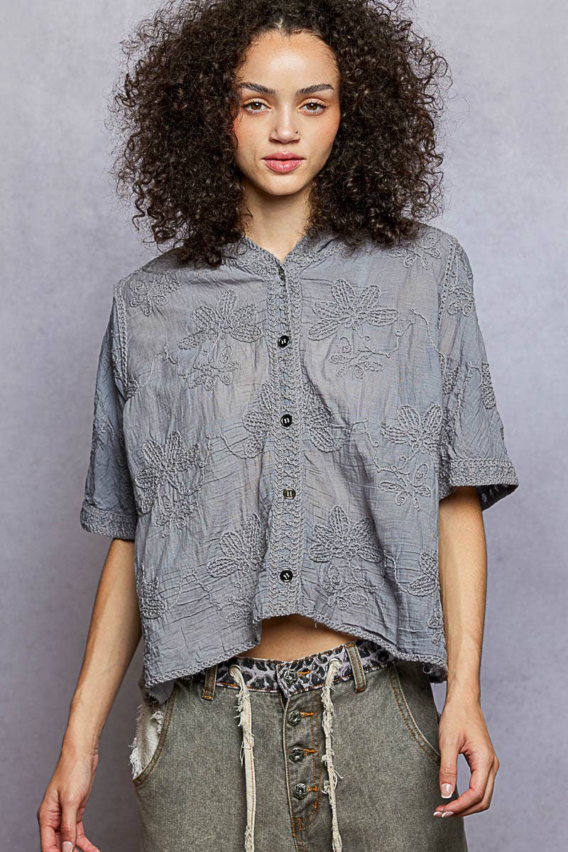 Gray POL Short Sleeve Floral Embroidery Crochet Top