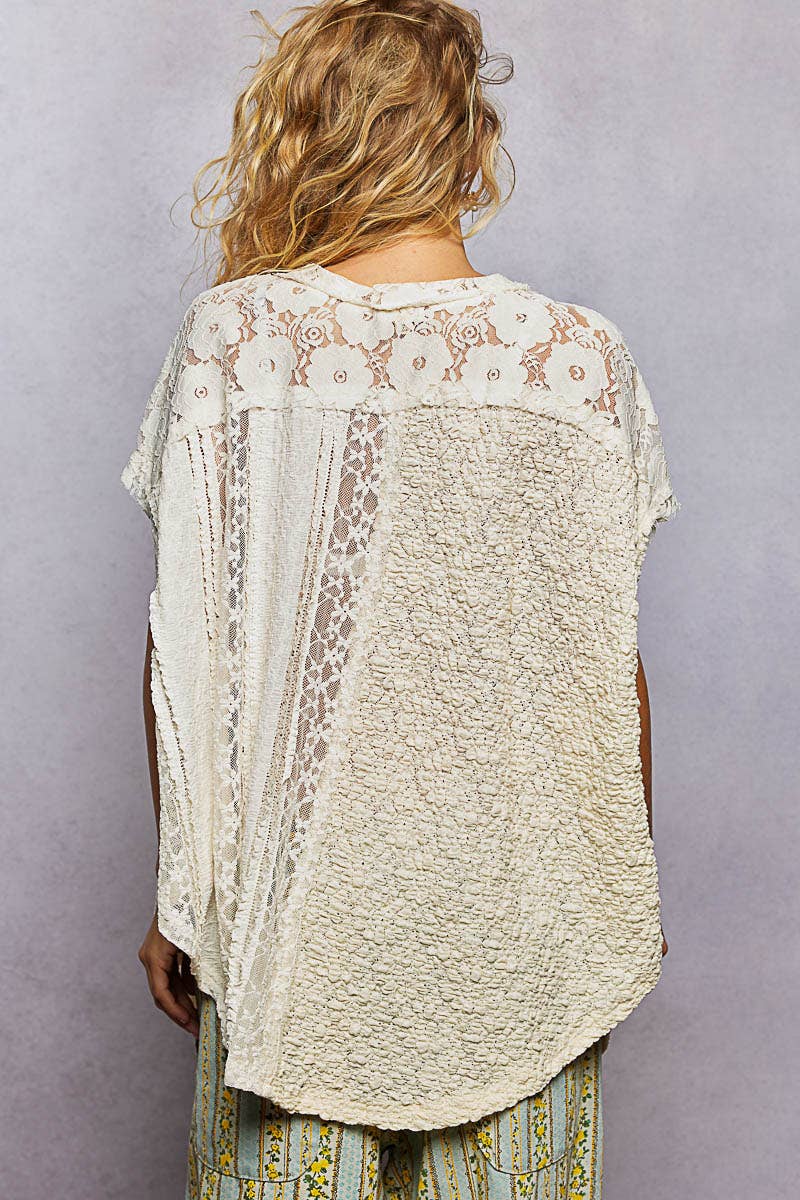 POL Patchwork Lace Oversized V-Neck Raw Edge Top in Natural
