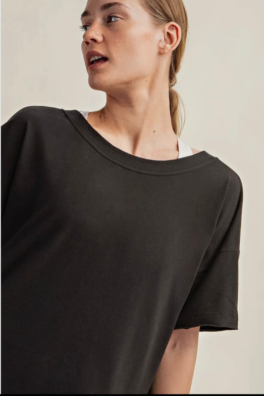 Black Oversized Reversible V/Round Neck Short Sleeve Stretchy Tee