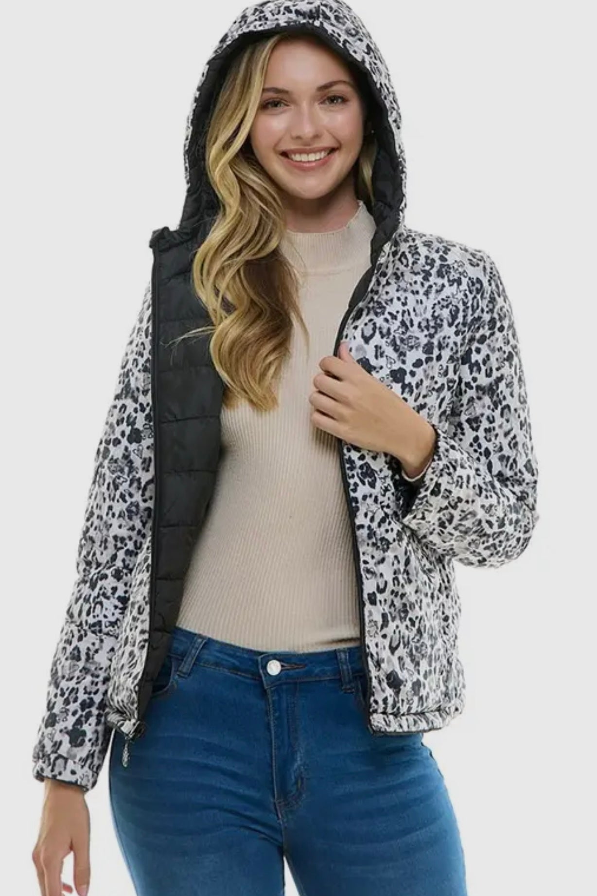 Reversible Puffer Jacket- Black with Animal Print