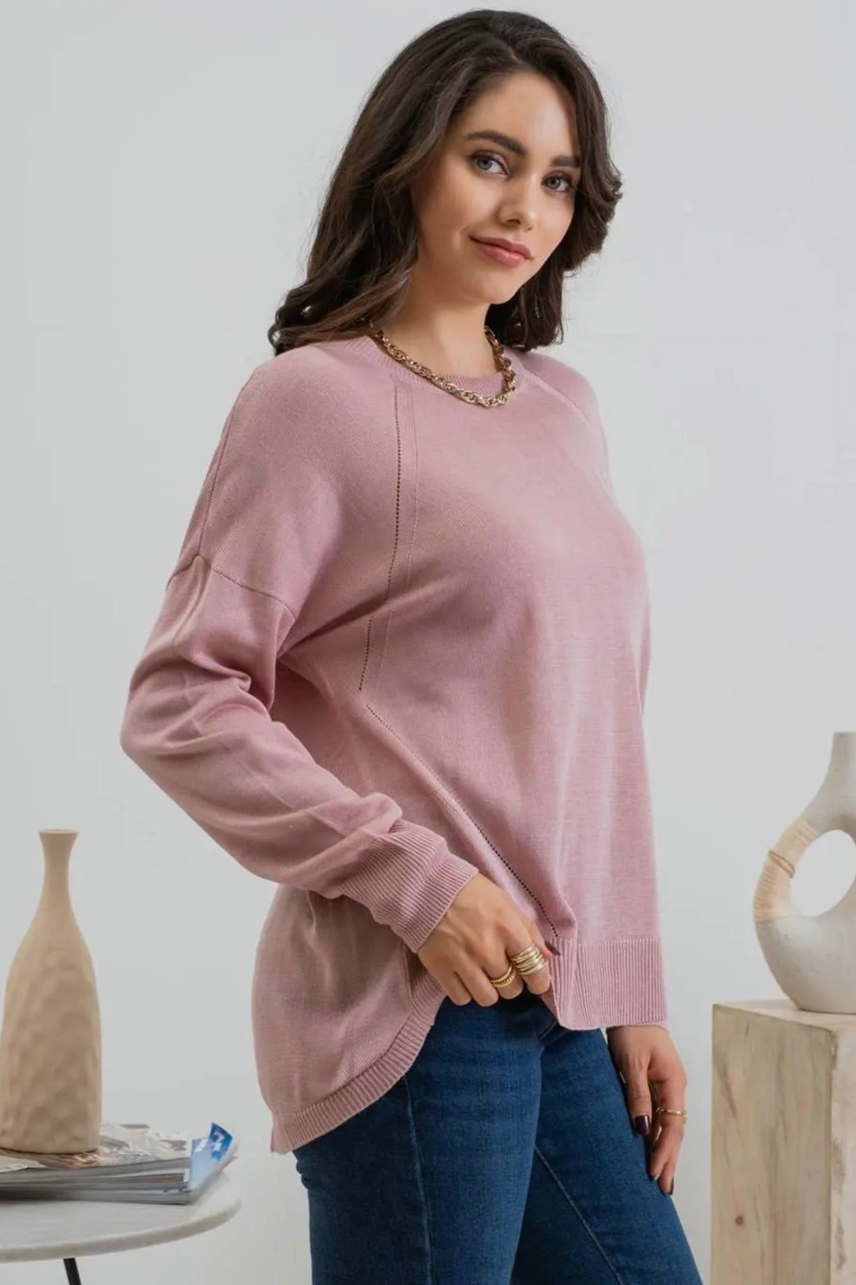 Round Neck Long Sleeve Button Back Sweater with High Low Hem