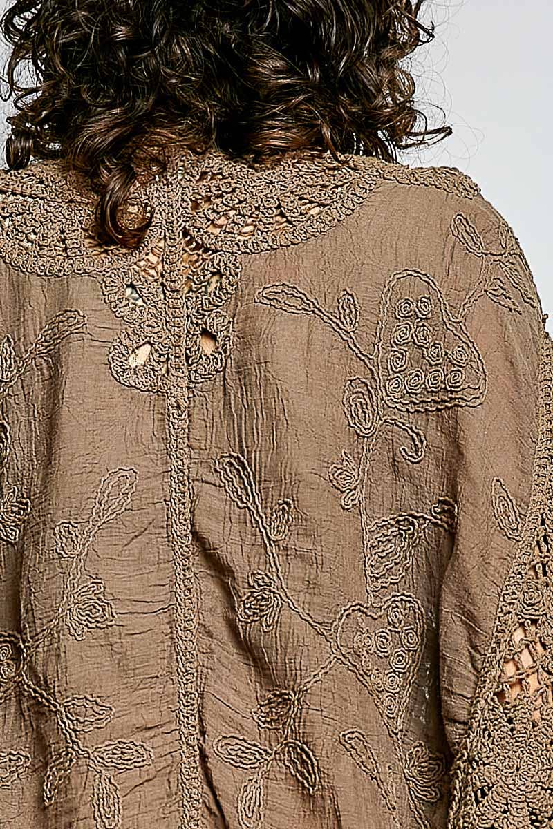 Cocoa POL Batwing Sleeve Button Down Solid Crochet Cardigan