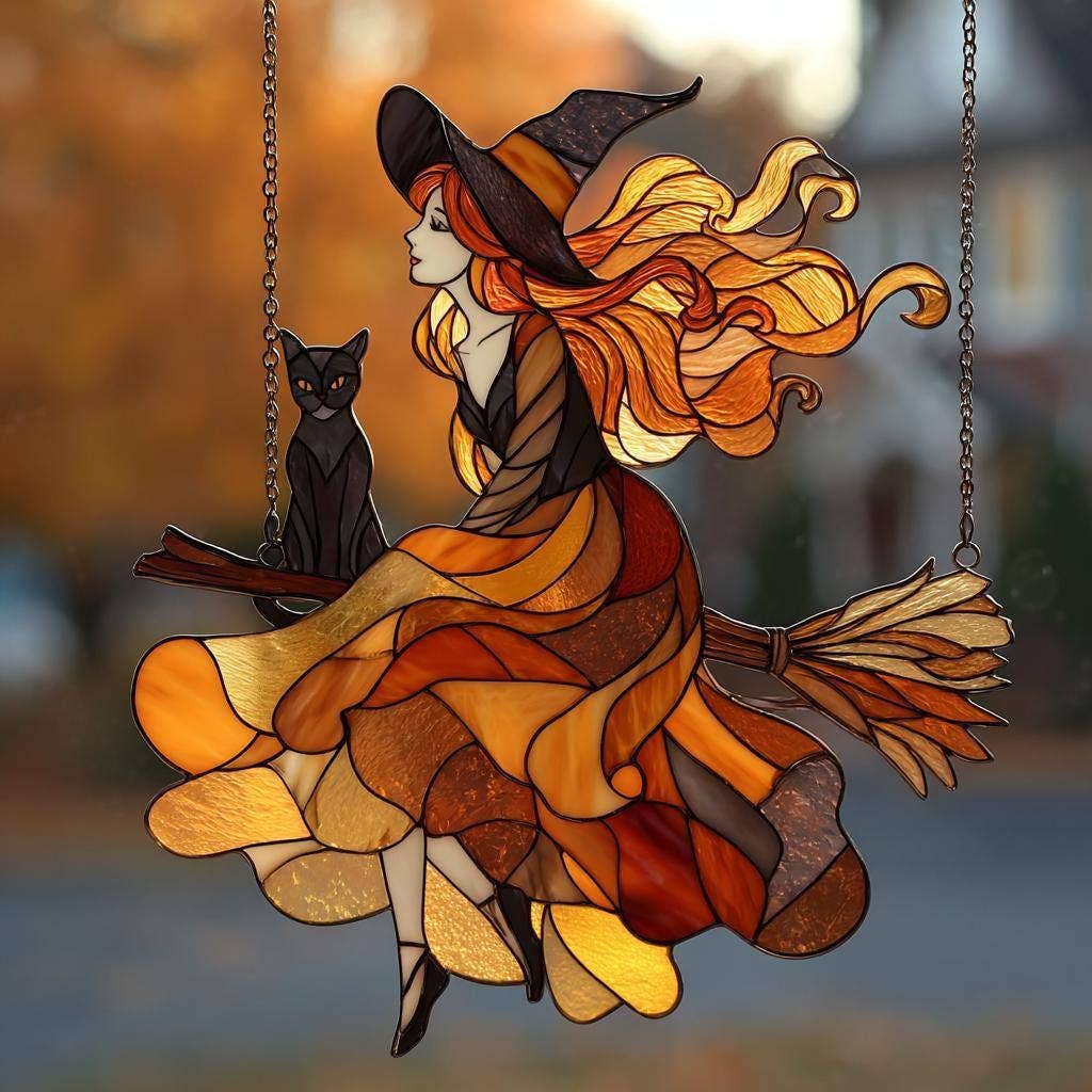 Autumn Witch Acrylic Window Hanging, Cat And Broom Decor: 10x10"
