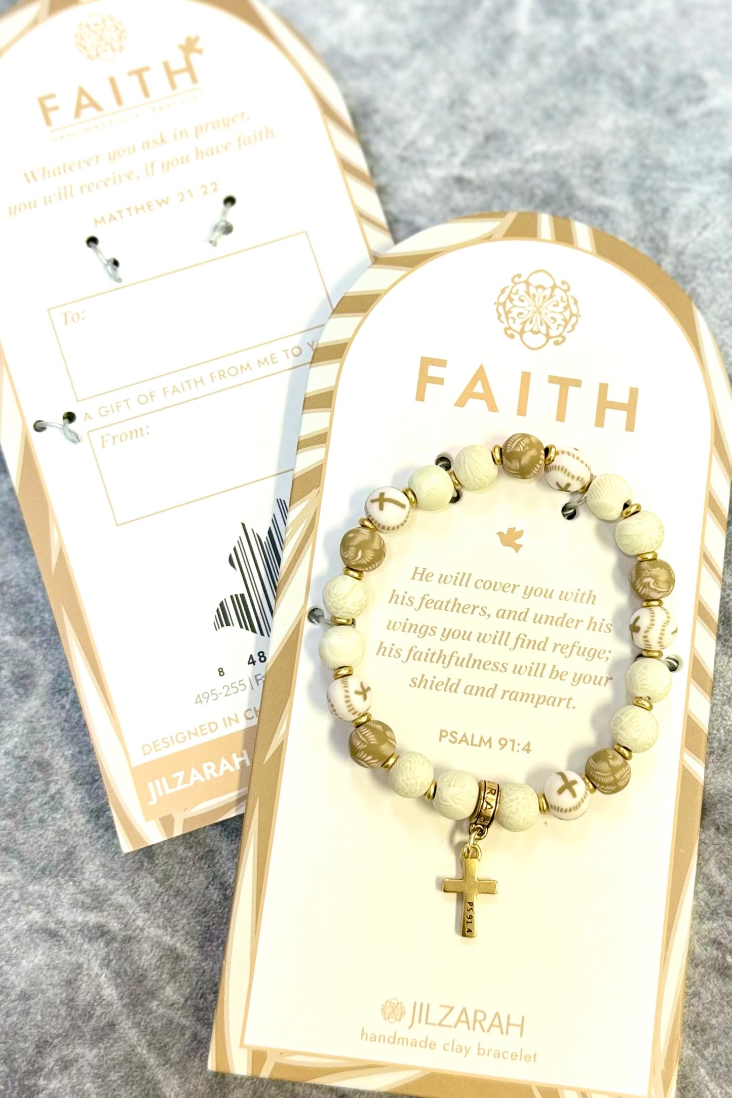 Faith Clay Beaded Bracelet with Cross Charm by Jilzarah- Choice of ivory or blue.