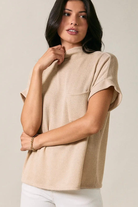 Gilli Mock Neck Short Sleeve Sweater- Taupe