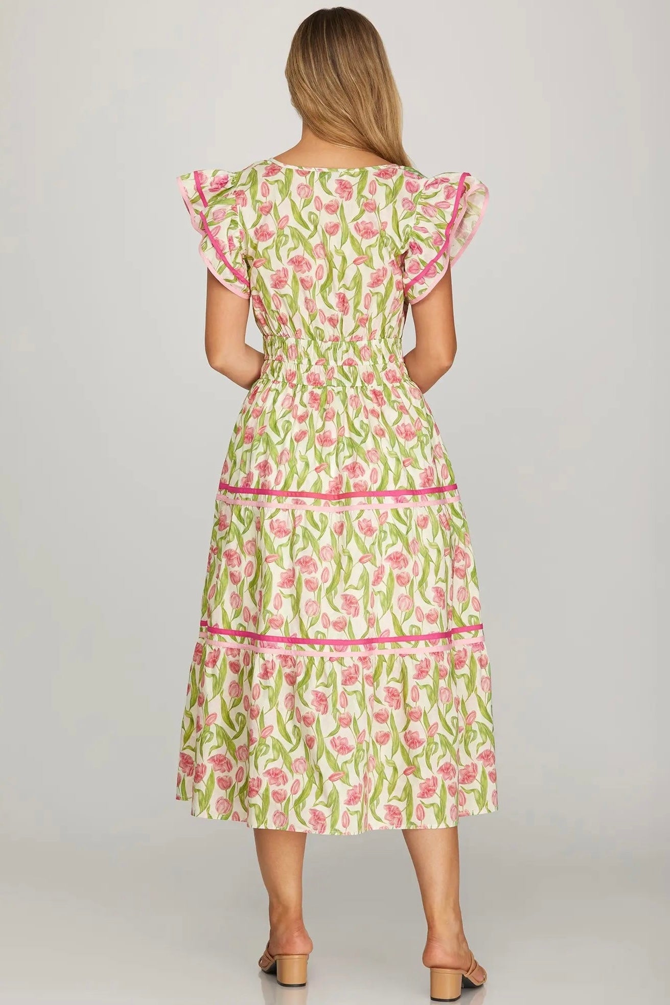 She + Sky Field of Pink Tulips Tiered Floral Midi Dress