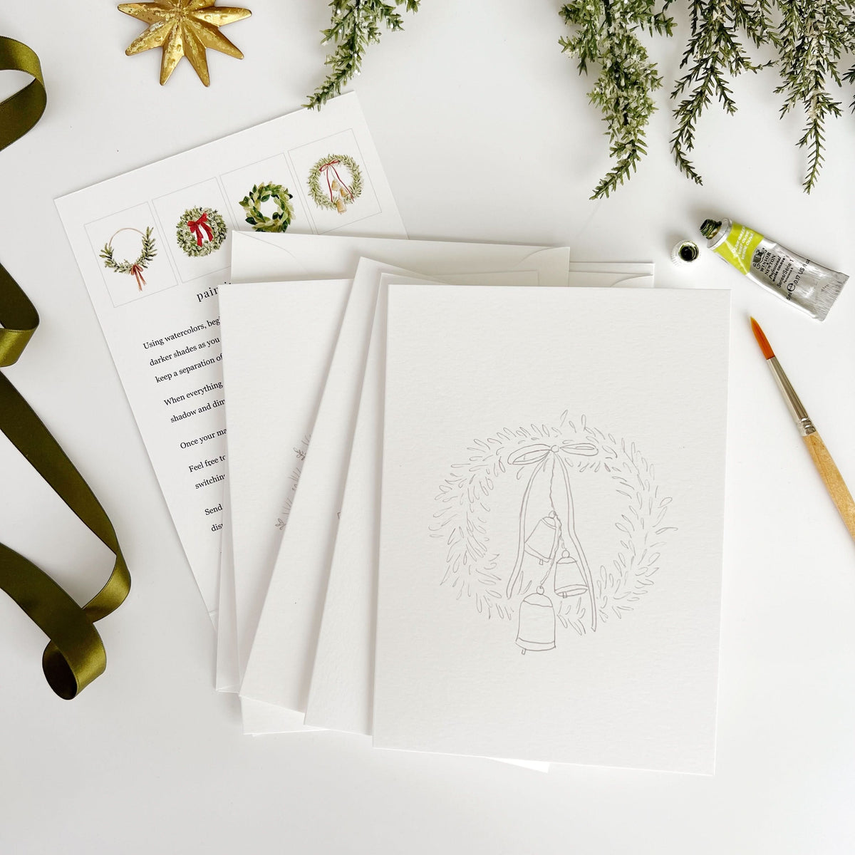 Christmas Wreaths Paintable Watercolor Notecard Set of 8- Emily Lex Studio