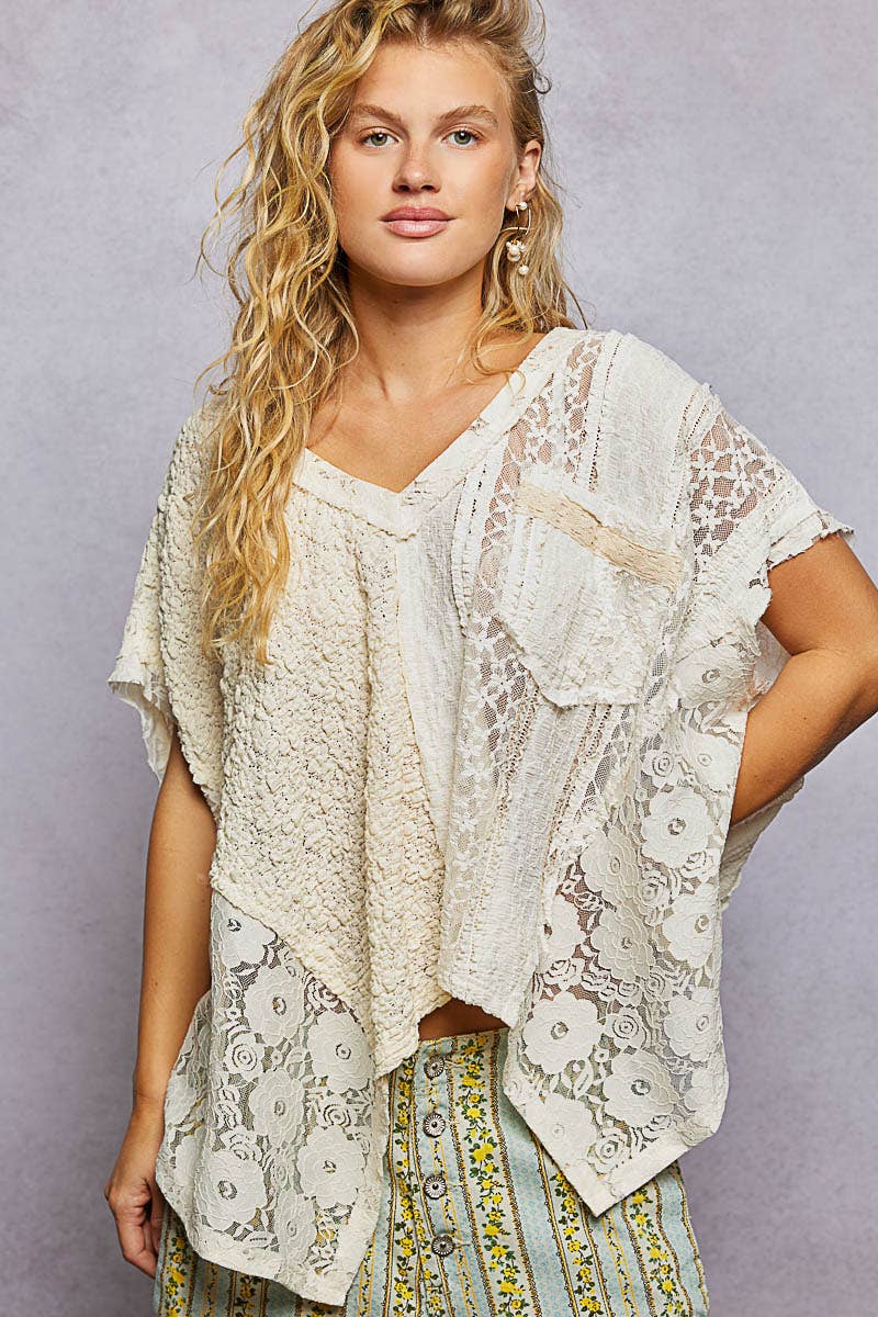 POL Patchwork Lace Oversized V-Neck Raw Edge Top in Natural