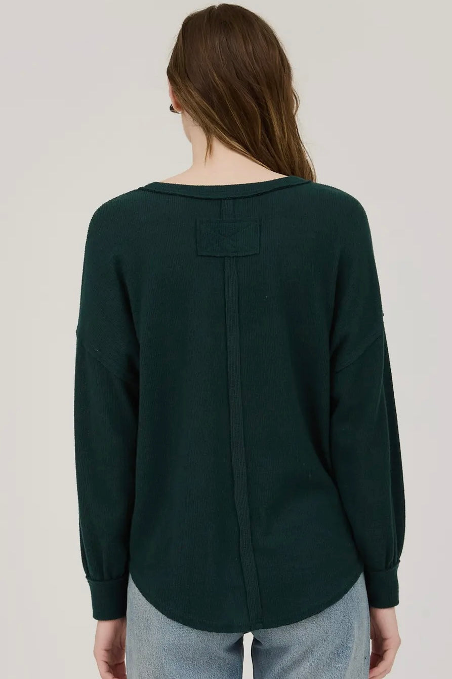 Hunter Green V Neck Long Sleeve Half Button Top with Exposed Seam Detail