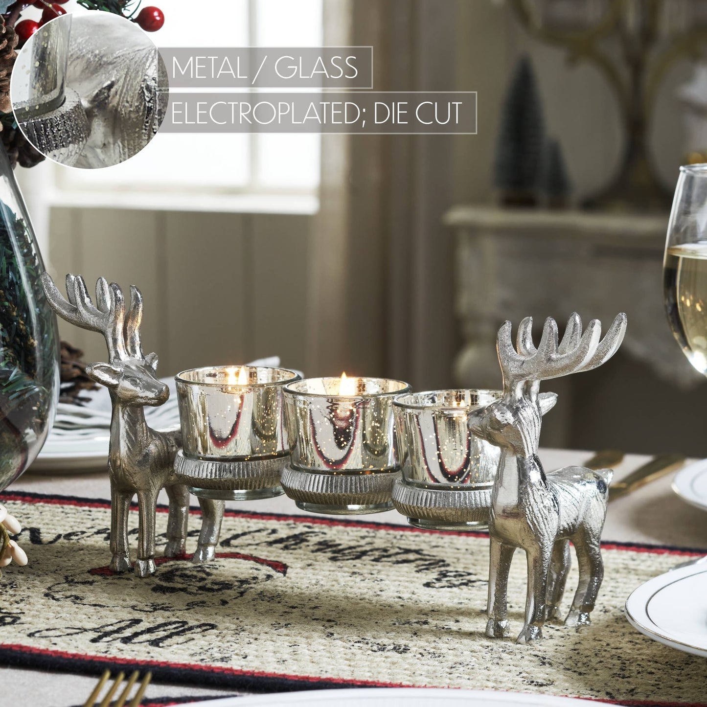 Three-Votive Mercury Glass Silver Reindeer Candle Holder