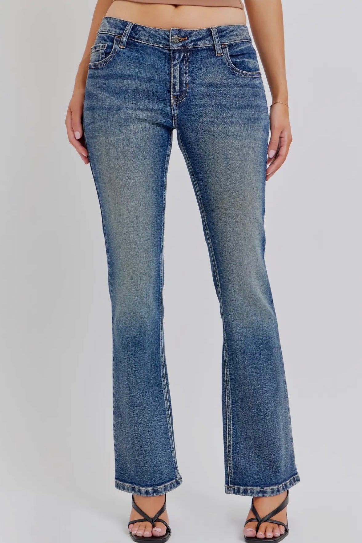 Cello Mid Rise Bootcut Jeans with Button Flap Back Pockets- Dark Tint