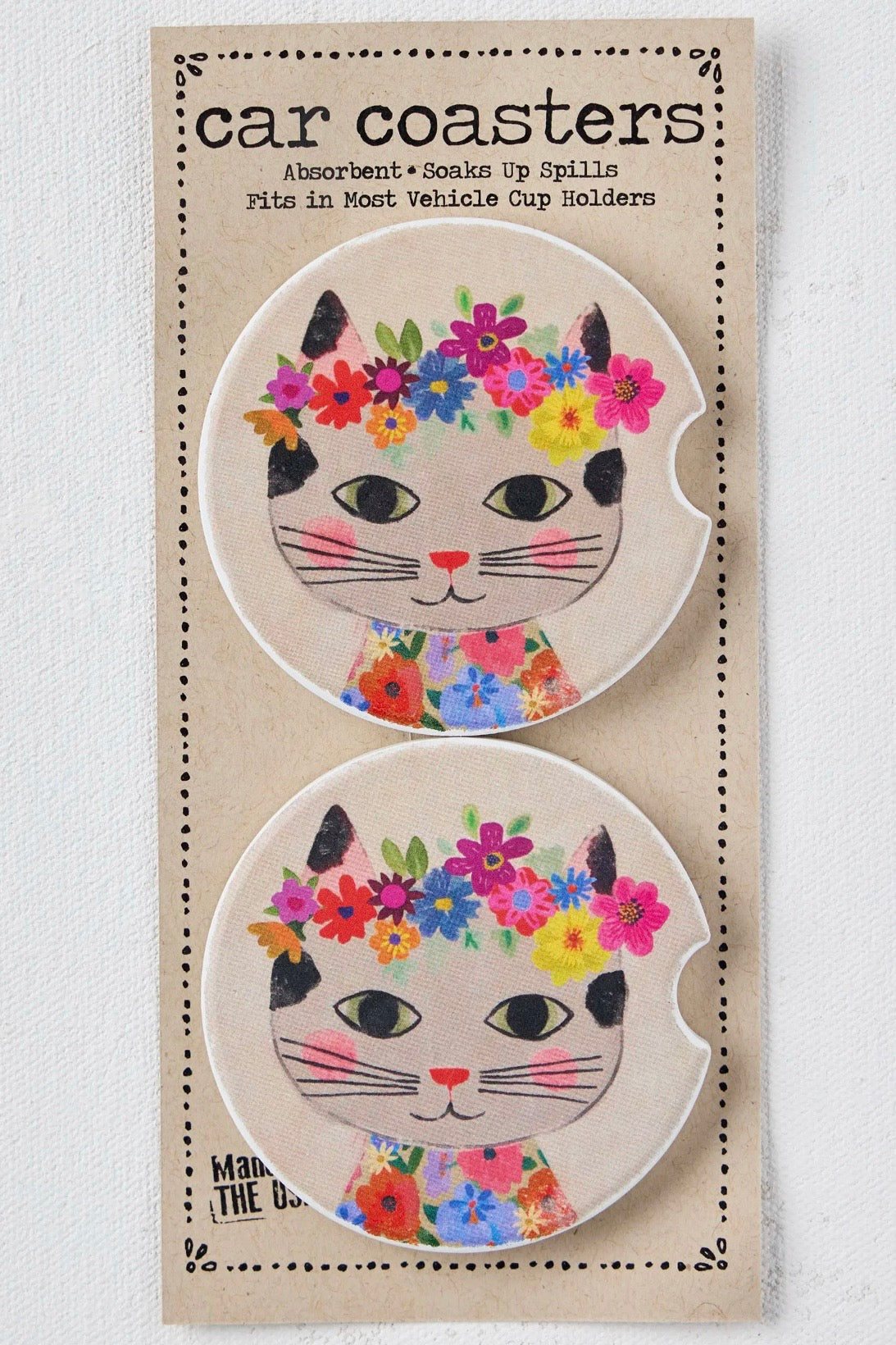 Natural Life Car Coasters- Floral Cat Set of 2