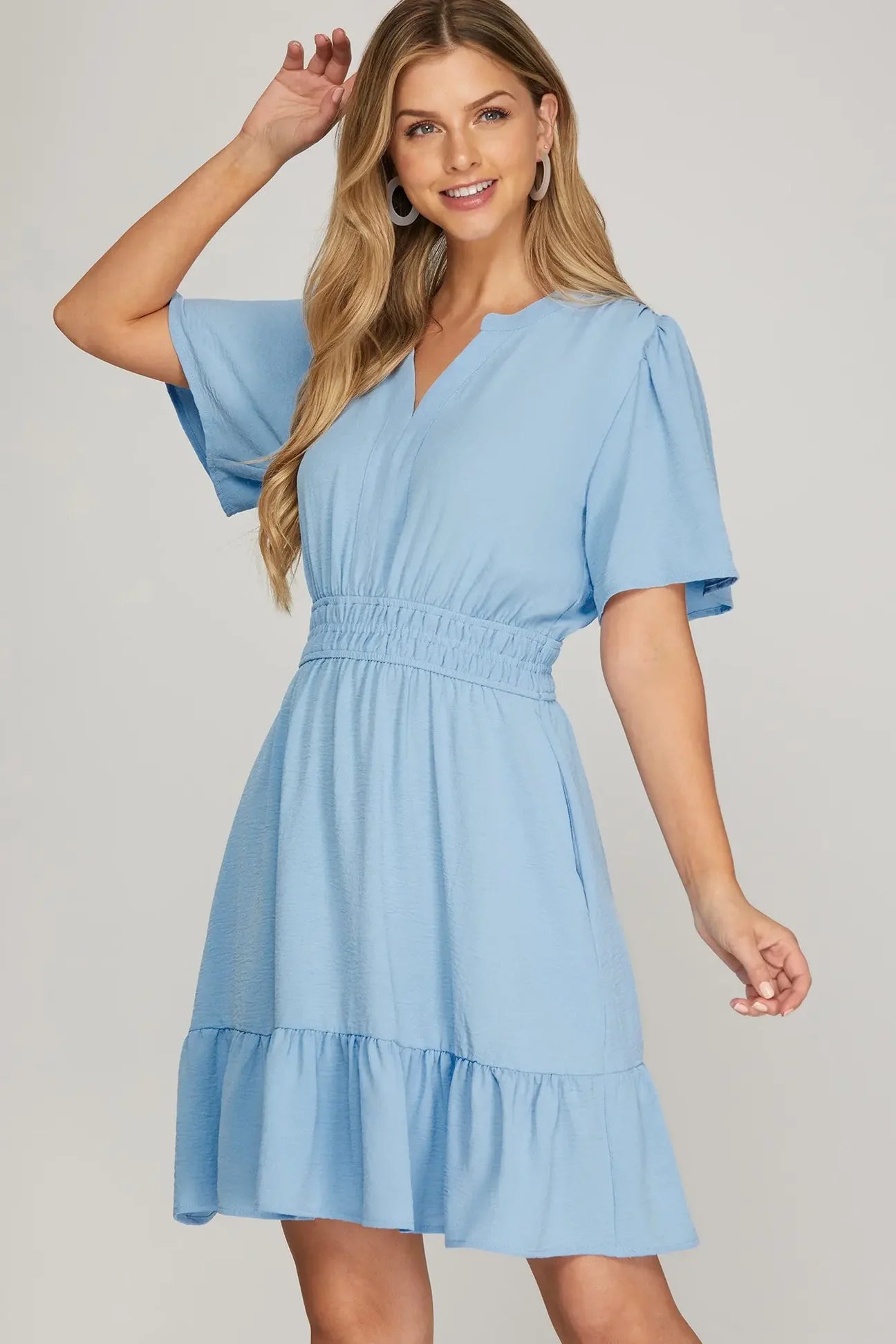 Light Blue Short Sleeve Tiered Short Dress