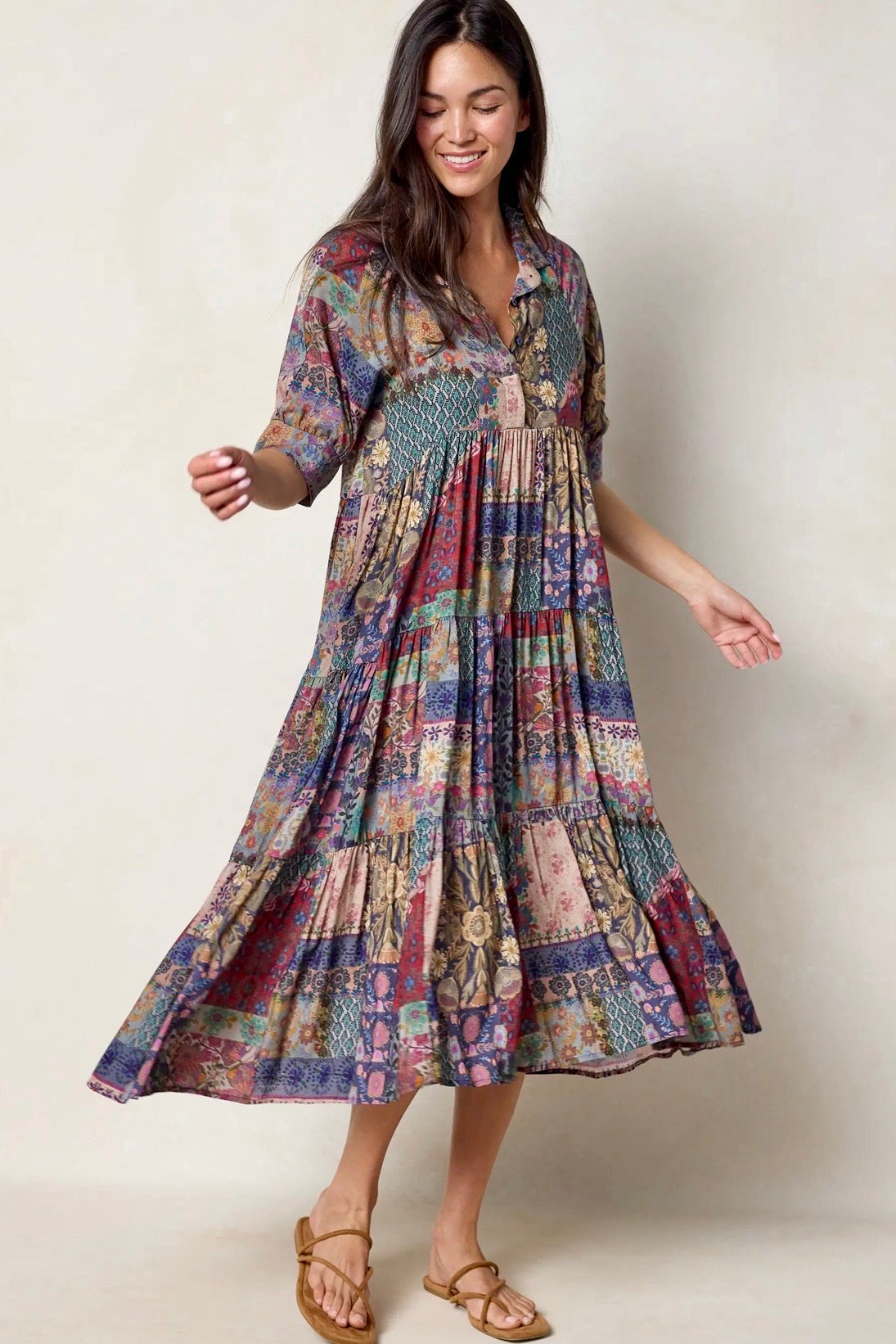 Natural Life Rebecca Midi Dress- Blue Patchwork
