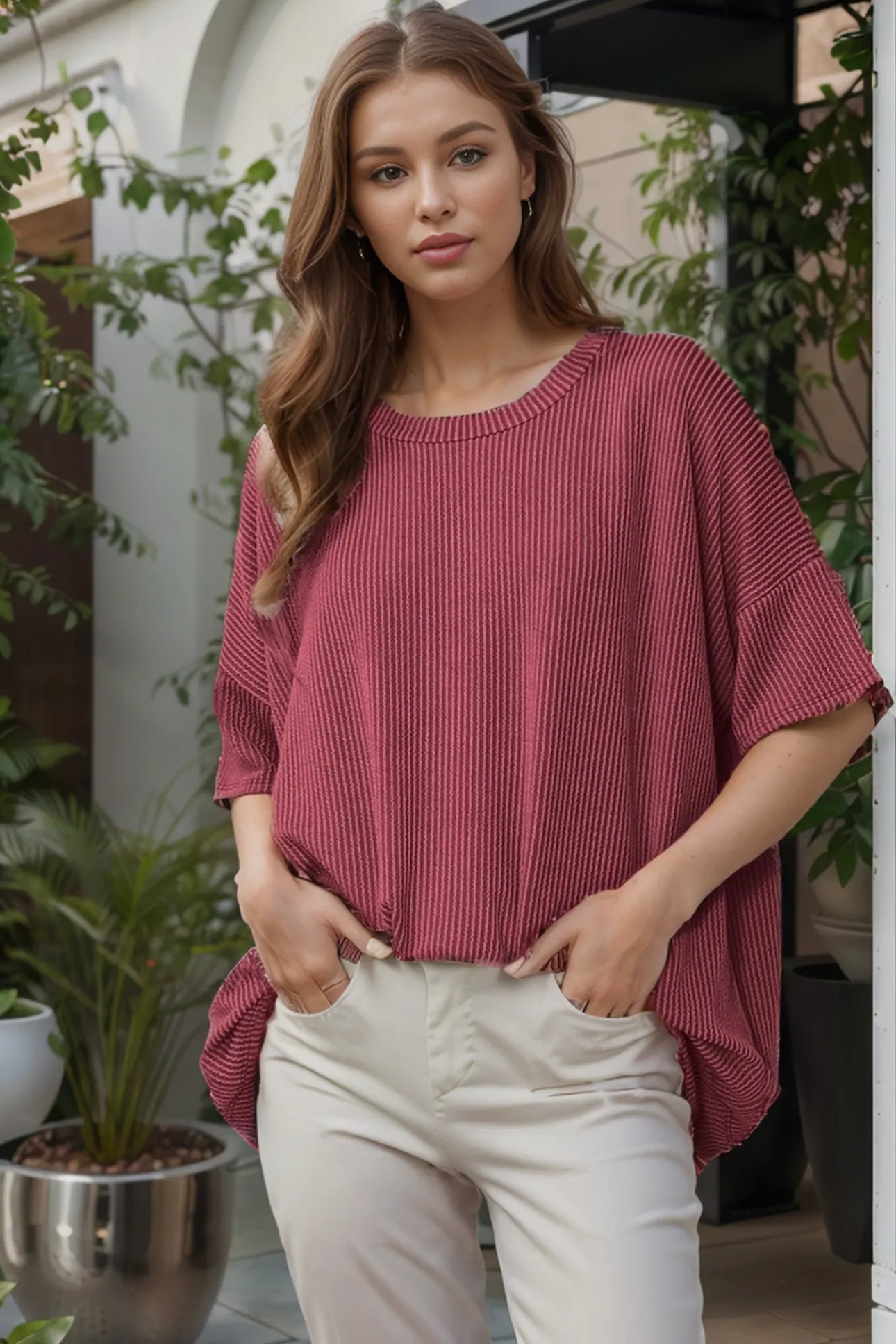 Crimson Burgundy Ribbed Mineral Washed Oversized Stretchy Top