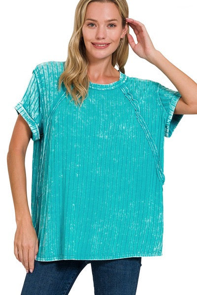 Light Teal Ribbed Mineral Washed Stretchy Short Sleeved Top