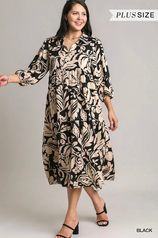 Umgee Black and Tan Floral Tiered Midi Dress with Collared Neck and 3/4 Sleeves