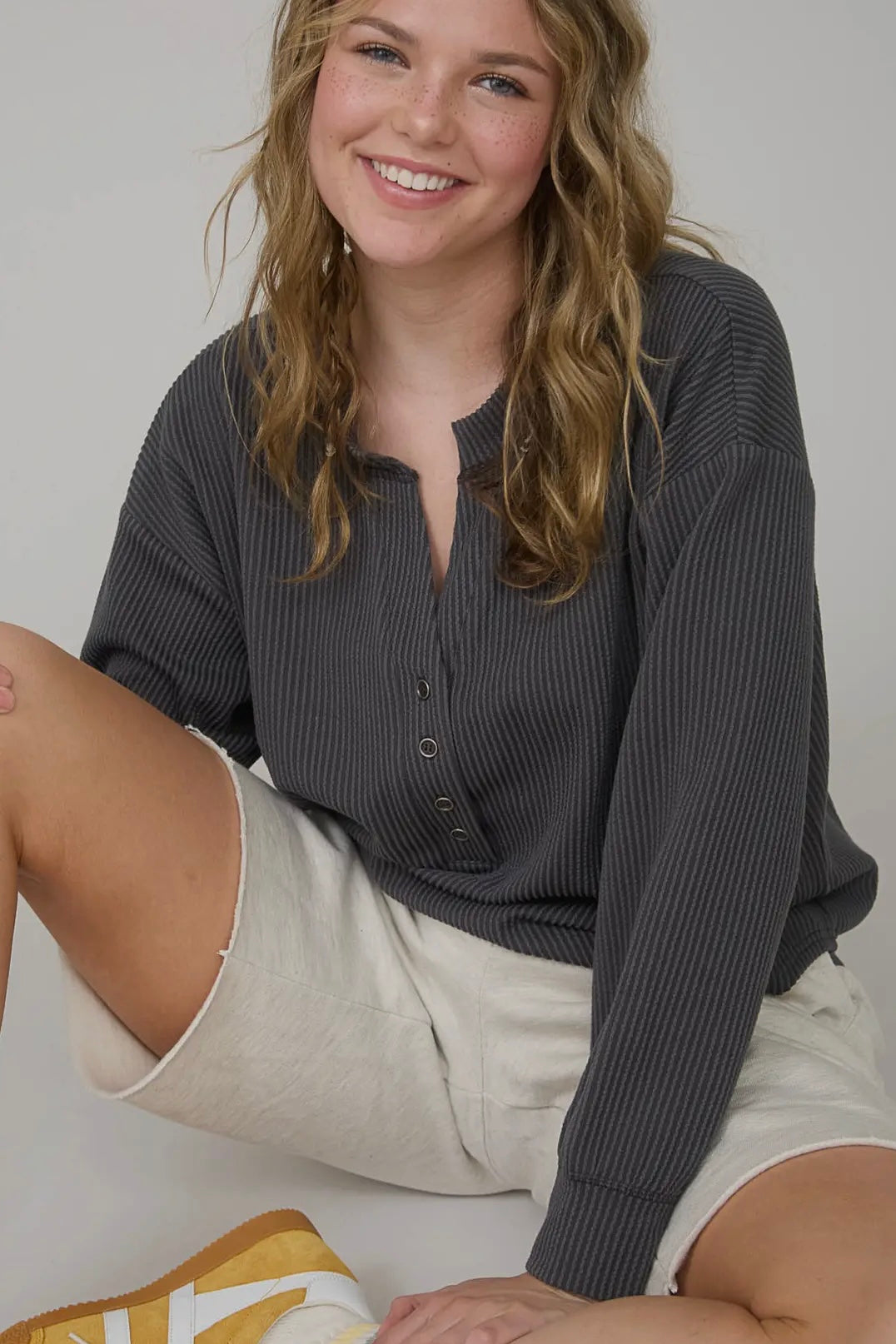 Charcoal Ribbed Mineral Washed Henley Top