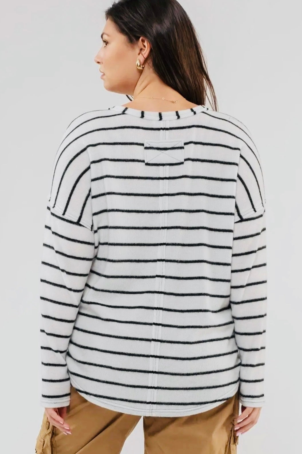 Perch Plus Long Sleeve Ivory Top with Black Stripes