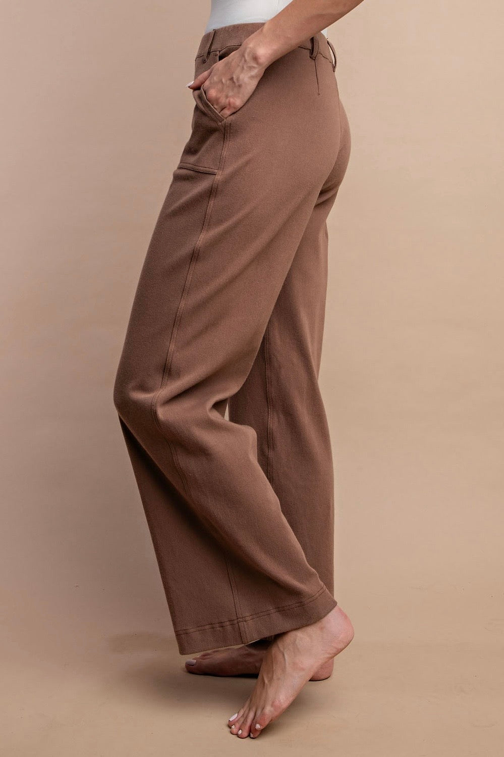 Mocha Brown Cotton Stretch Twill Wide Leg Pants