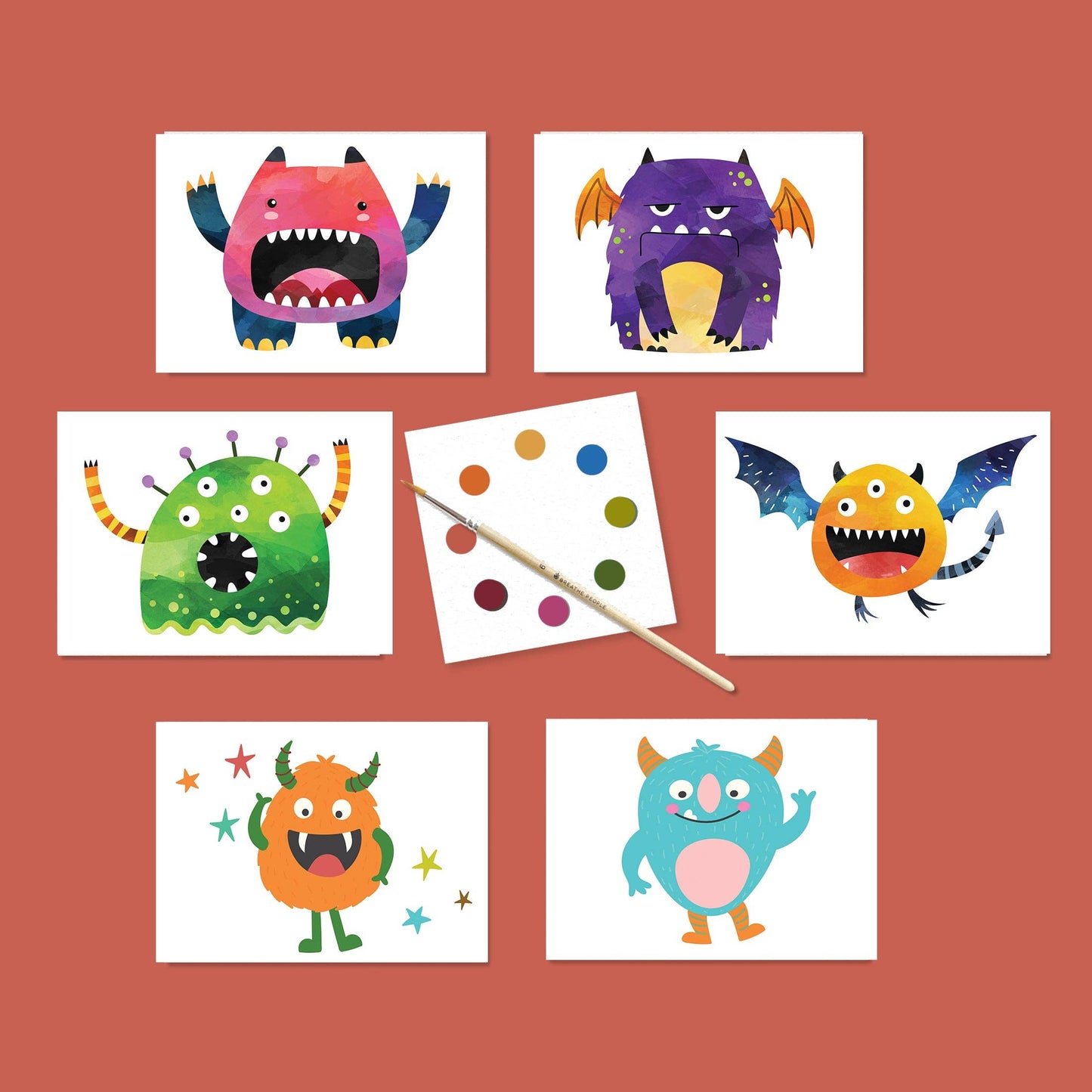 Breathe People Friendly Monsters Kids Watercolor Postcard Art Set