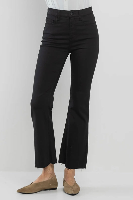 Black High Rise Cropped Kick Flare Jeans with Raw Cut Hem