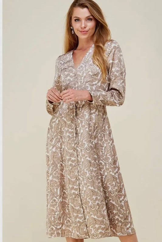 Taupe Paisley Button Down Satin Floral Midi Dress