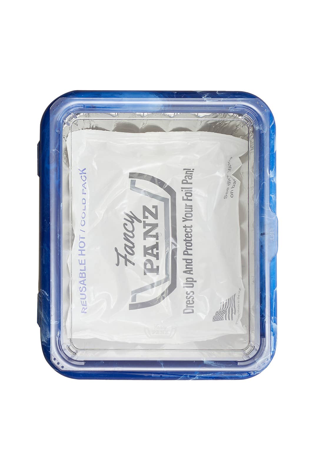 Fancy Panz Blue Marble Premium Set - Pan Frame with Lid, Hot/Cold Gel Pack, and Serving Spoon