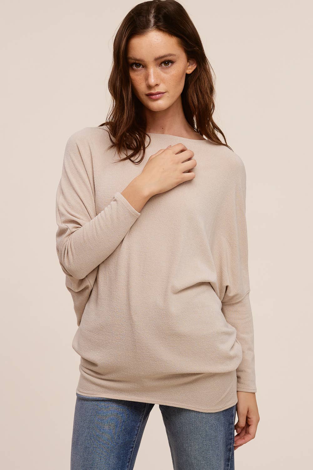 Charlotte Avery Taupe Long Sleeve Crepe Hacci Oversized Dolman Top