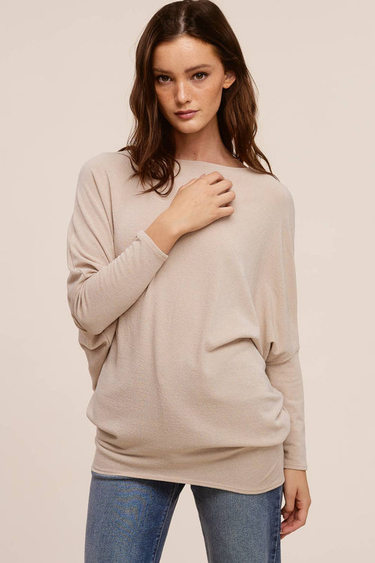 Charlotte Avery Taupe Long Sleeve Crepe Hacci Oversized Dolman Top
