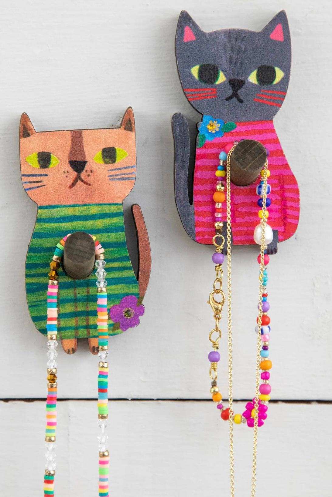 Natural Life Wooden Cat Wall Hooks, Set of 2