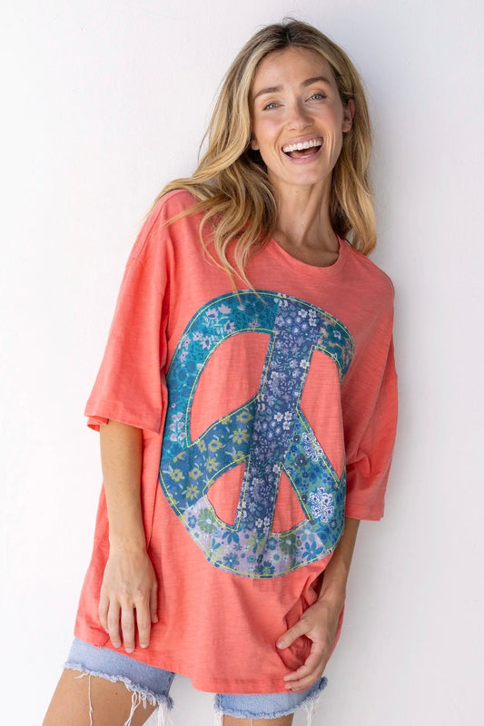 Natural Life Oversized Appliqué Tee Shirt- Coral with Blue Patchwork Peace Sign
