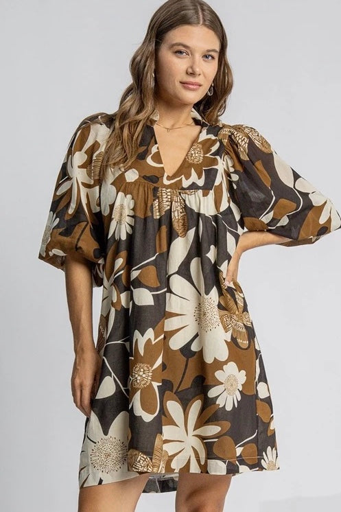 Umgee Camel Floral Dress with Split High Neck and 3/4 Sleeves