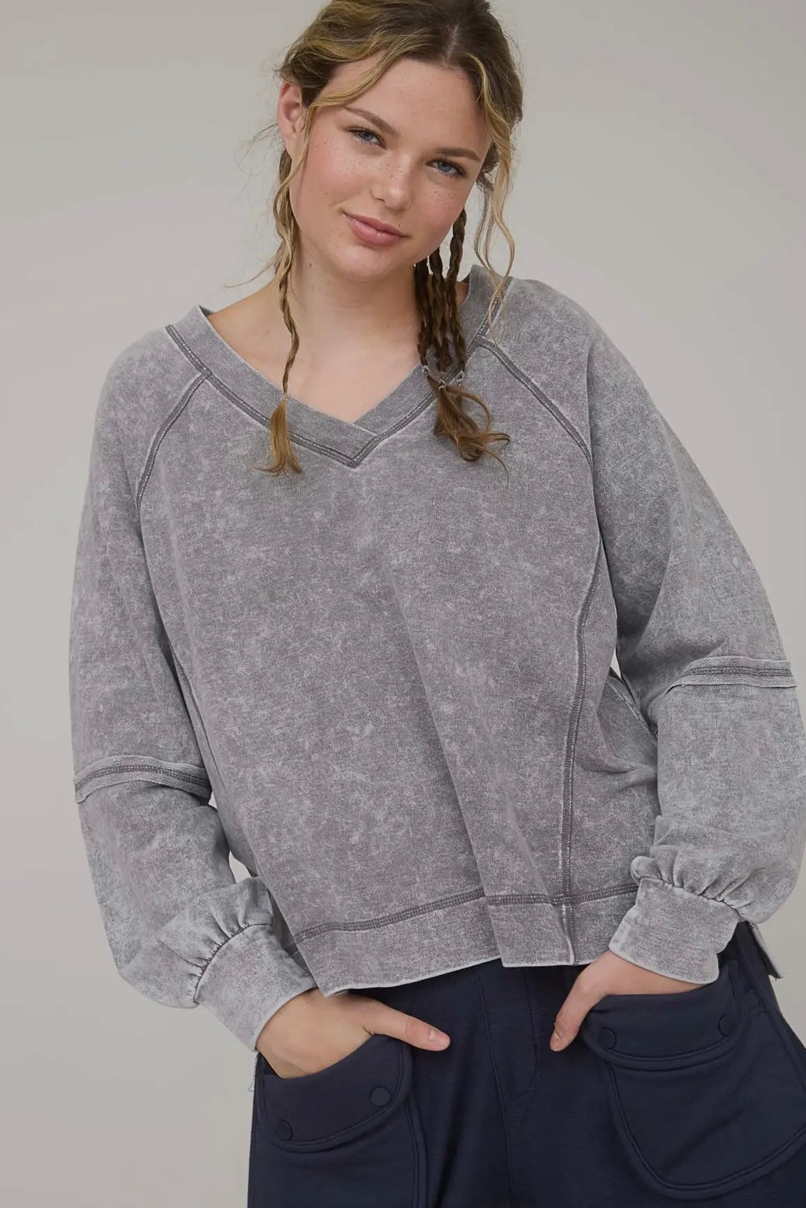 Charcoal Mineral Washed Crew Neck French Terry Sweatshirt