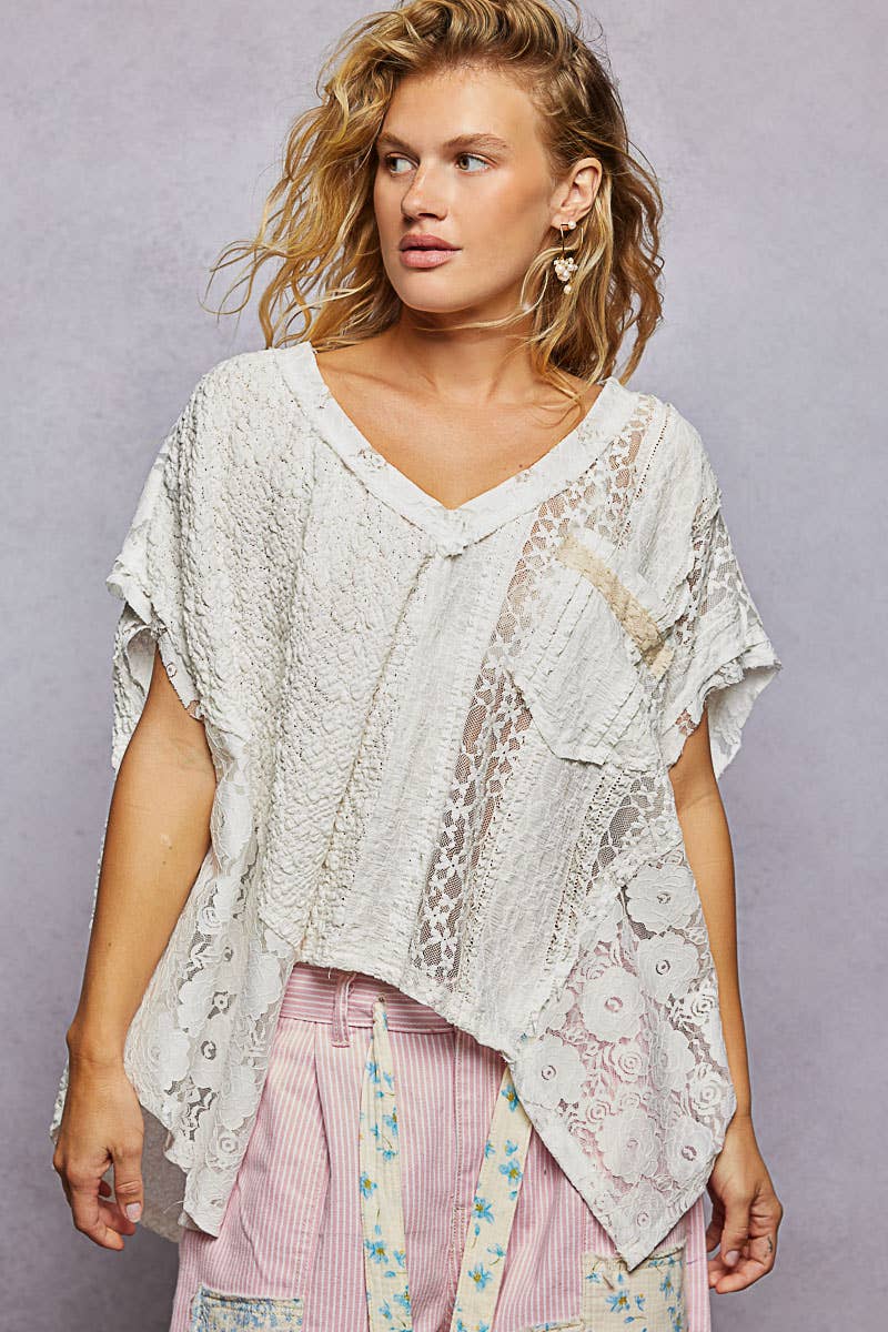 POL Patchwork Lace Oversized V-Neck Raw Edge Top in Natural