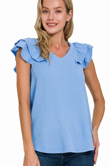 Zenana Sky Blue Ribbed Mineral Washed Stretchy Top with Flutter Sleeve